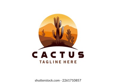 Cactus logo design with desert mountain background