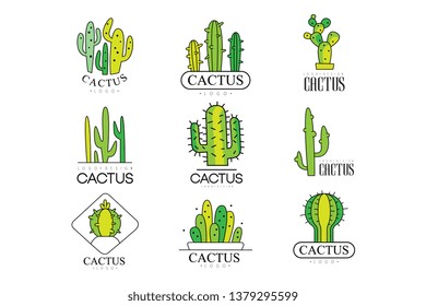 Cactus logo design set, desert plant green badges vector Illustrations on a white background
