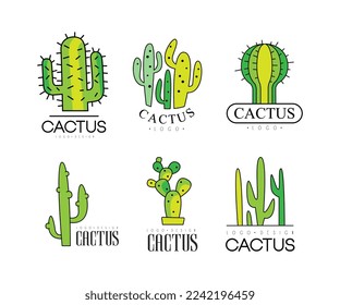 Cactus Logo Design Template with Green Succulent Plant Vector Set