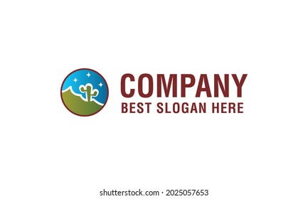 Cactus Logo Design Template At Night with circular logo