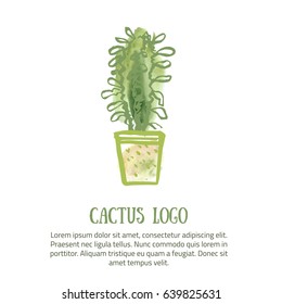 Cactus logo with green watercolor background. Cute fashion fabric design for nursery or clothes