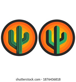 Cactus logo round shape sun background, creative emblem for print t-shirt or sticker