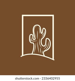 Cactus Logo, Simple Line Cactus Design, Green Plant Vector, Icon, Symbol, Illustration
