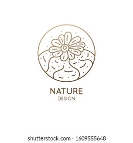 Cactus logo template. Lophophora diffusa. Vector round emblem of blossoming succulent. Garden plants of Africa. Abstract icon natural, eco products, beauty, spa, raw food, flower shop