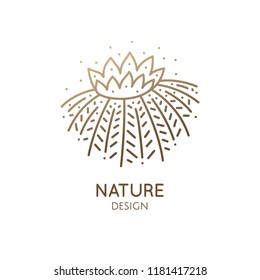 Cactus logo template. Vector emblem of home plant with thorns, flower in linear style. Abstract stylized illustration for bussines design, hand made packaging of natural, eco products, spa, yoga badge