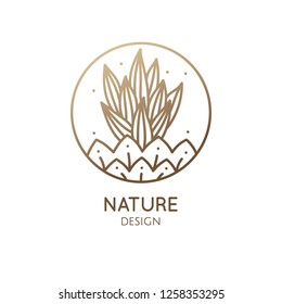 Cactus logo template. Vector emblem of home plant with thorns, flower in linear style. Abstract stylized illustration for bussines design, hand made packaging of natural, eco products, spa, yoga badge