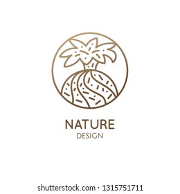 Cactus logo template. Vector emblem of home plant with thorns, flower in linear style. Abstract stylized illustration for bussines design, hand made packaging of natural, eco products, spa, yoga badge
