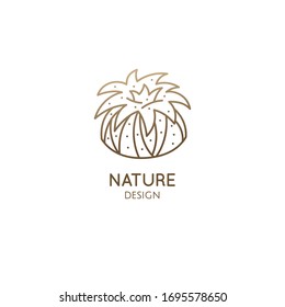 Cactus logo template. Vector emblem of home plant with thorns, flower in linear style. Abstract stylized illustration for bussines design, hand made packaging of natural, eco products, spa, yoga badge