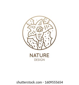 Cactus logo template. Vector round emblem of blossoming succulent or subtropical plant in linear style. Garden plants of Africa. Abstract icon natural, eco products, beauty, spa, raw food, flower shop