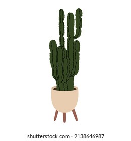 Cactus with long brunches. Room plant in the pot. For decor home or office interior. Trendy indoor herb. Isolated element on white background. Flat style in vector illustration. 