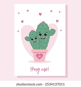 Cactus love couple in kawaii style. Greeting card, postcard, cover, poster, invitation.