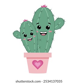 Cactus love couple in kawaii style. Greeting card, postcard, cover, poster, invitation.