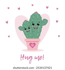 Cactus love couple in kawaii style. Greeting card, postcard, cover, poster, invitation.