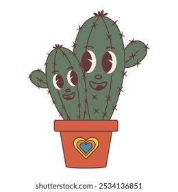 Cactus love couple in retro groovy style. Greeting card, postcard, cover, poster, invitation.
