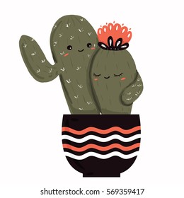 Cactus ama y abraza la ilustración vectorial. Una pareja de cactus de dibujos animados en el amor, graciosa tarjeta de felicitación de San Valentín.