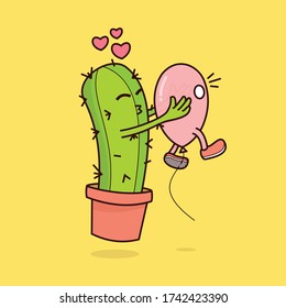 cactus loves ballon cartoon vector