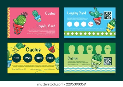 Cactus loyalty card outline design discount coupon for collect sticker getting free set vector illustration. Domestic potted plant houseplant with needles marketing promo voucher bonus bright design