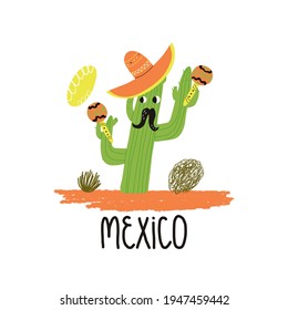 Cactus man character with mustaches in a sombrero hat plays maracas. Mexico lettering. Cartoon vector isolated illustration.