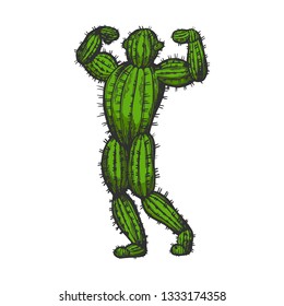 Cactus man posing color sketch engraving vector illustration. Scratch board style imitation. Black and white hand drawn image.