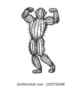 Cactus man posing sketch engraving vector illustration. Scratch board style imitation. Black and white hand drawn image.