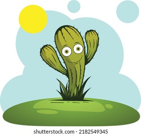 Cactus man standing alone in desert with smillling at day time
