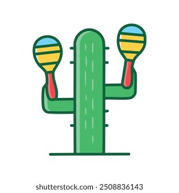 Cactos com maracas. Ilustração lúdica de um cacto jogando maracas. Uma mensagem oculta da imagem é que às vezes você precisa adicionar um pouco de diversão à sua vida, mesmo quando as coisas são espinhosas.