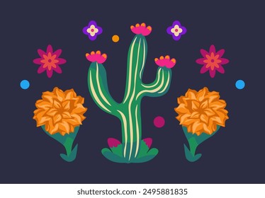 Cactus with Marigolds Dark Background