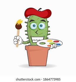 The Cactus mascot character becomes a painter. vector illustration