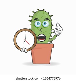 Cactus mascot character holding a wall clock. vector illustration