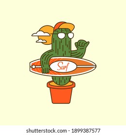 Cactus mascot character with surfboard cartoon vector illustration