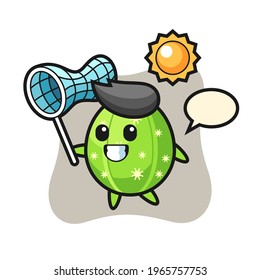 Cactus mascot illustration is catching butterfly, cute style design for t shirt, sticker, logo element