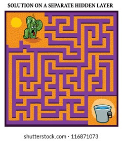 Cactus' Maze Game - help thirsty cactus to the bucket of water: Maze puzzle with solution