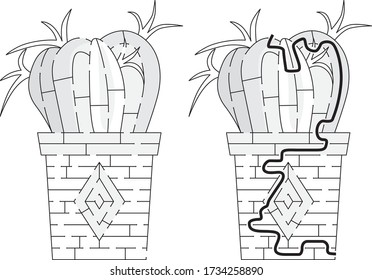 Cactus maze for kids with a solution in black and white