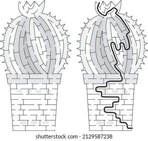 Cactus maze para niños con solución en blanco y negro