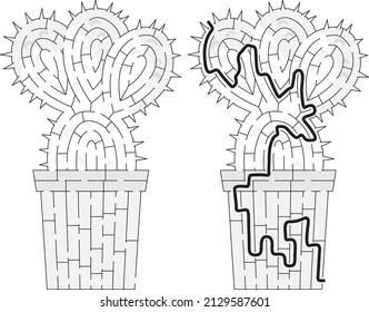 Cactus maze for kids with a solution in black and white