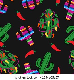 
Cactus with Mexican Blanket Stripes texture and Christmas cactus with a garland of chili peppers. Festive seamless pattern. Vector illustration.