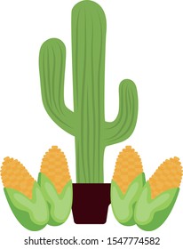 cactus mexican with cob corns vector illustration design