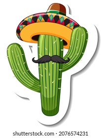 Cactus in mexican costume cartoon sticker illustration