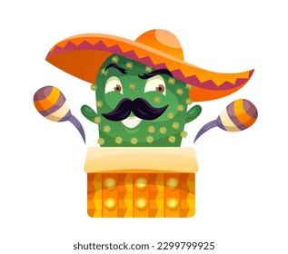 Cactus in Mexican costume sticker. Home plant icon in traditional sombrero holding maracas. Funny character with eyes, mouth and mustache. Cartoon flat vector illustration on white background