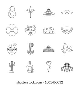 cactus and mexican culture icon set over white background, linr style, vector illustration
