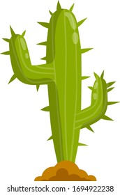 Cactus. Mexican green plant with spines. Element of the desert and southern landscape. Succulent in the brown earth. Cartoon flat illustration