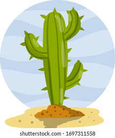 Cactus. Mexican green plant with spines. Element of the desert and southern landscape. Succulent in the brown earth. Cartoon flat illustration