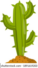 Cactus. Mexican green plant with spines. Element of the desert and southern landscape. Succulent in the brown earth. Cartoon flat illustration