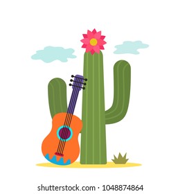Cactus with a Mexican guitar. flat vector illustration isolated on white background