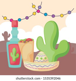 cactus with mexican hat and desert in the background vector illustration design