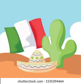 cactus with mexican hat and desert in the background vector illustration design