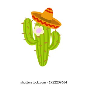 Cactus in a Mexican hat. A desert plant. Green succulent. Element of the southern tropical summer landscape. Flat cartoon illustration