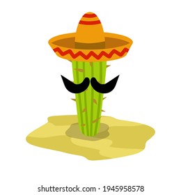 Cactus in a Mexican hat. A desert plant. Green succulent. Element of the southern tropical summer landscape. Flat cartoon illustration
