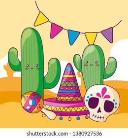 cactus with mexican hat and set icons kawaii character