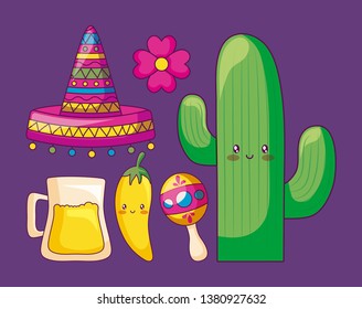 cactus with mexican hat and set icons kawaii character